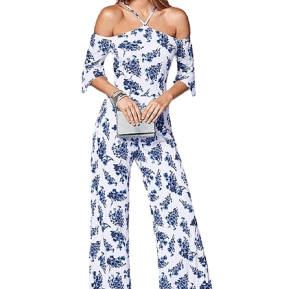 VENUS Blue Floral Off-Shoulder Jumpsuit